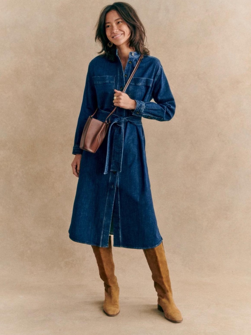Sezane Navi Denim Shirt Dress with Waist Tie - Dark Blue (42)